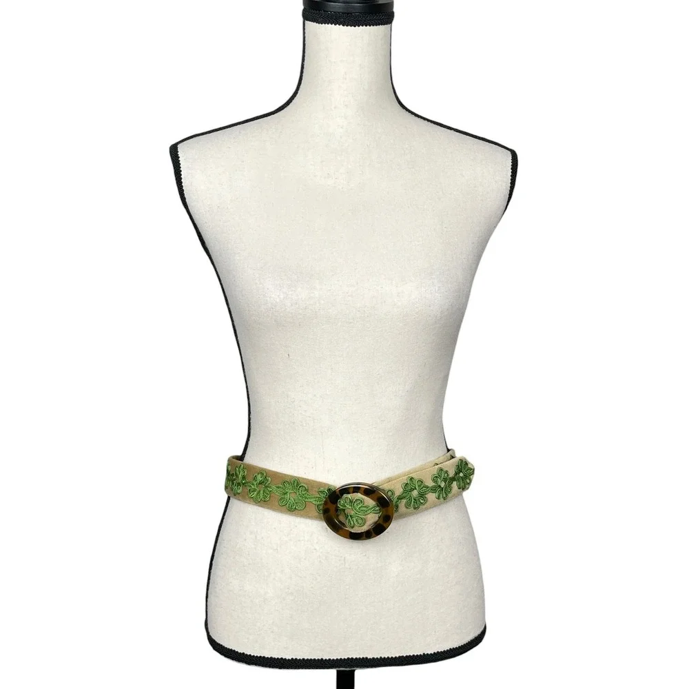 J. McLaughlin Womens Tan Velvet Belt Green Embroidery Tortoise Buckle S Preppy - Picture 3 of 9